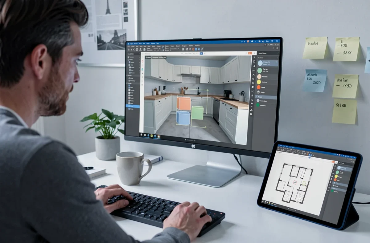 Personne utilisant le configurateur de cuisine en ligne IKEA sur un grand écran dans un bureau parisien
