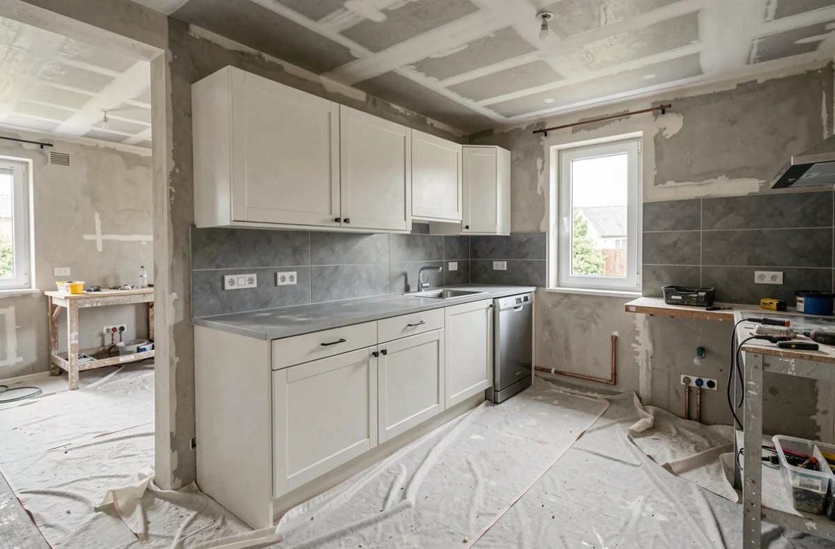Cuisine Lapeyre intégrée dans un chantier de rénovation globale en cours dans une maison en Île-de-France