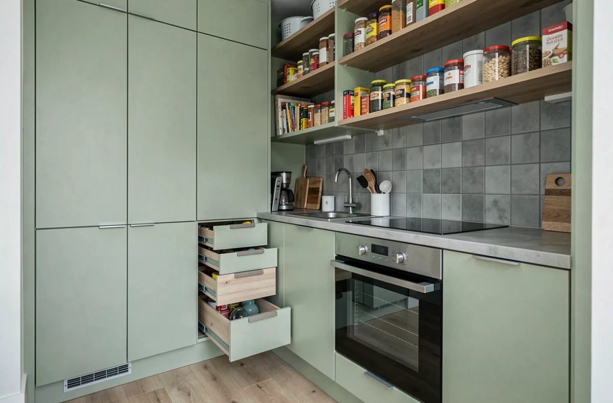 Cuisine Mobalpa avec optimisation de l'espace et rangements intégrés du sol au plafond dans un appartement parisien