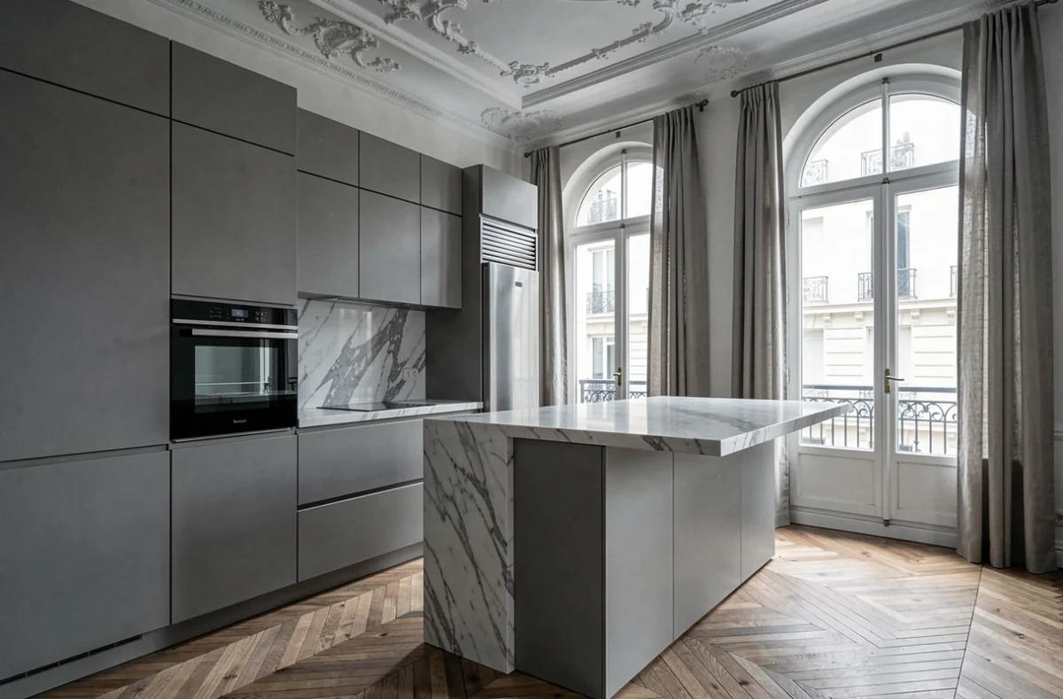 Cuisine Perene haut de gamme discrète en gris mat avec plan de travail en marbre Calacatta dans un appartement haussmannien