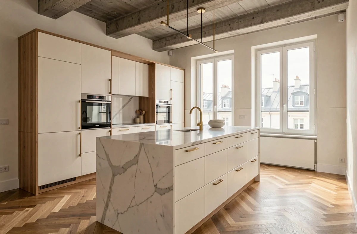 Cuisine sur-mesure Schmidt fabriquée en France avec îlot central en quartz et armoires en laque blanche