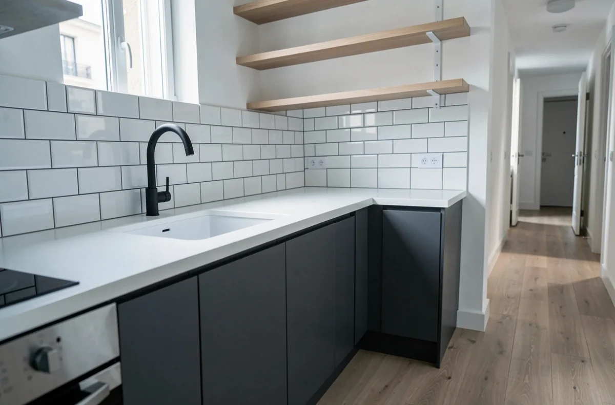 Cuisine SoCoo'c anthracite et blanche avec robinetterie noire dans un appartement moderne en banlieue parisienne