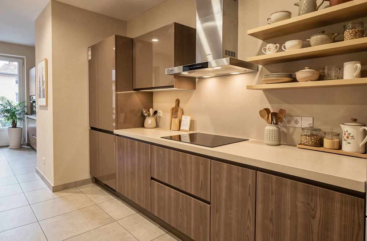 Cuisine Cuisinella exposée à Annecy avec façades taupe laqué et finition bois sur les meubles bas