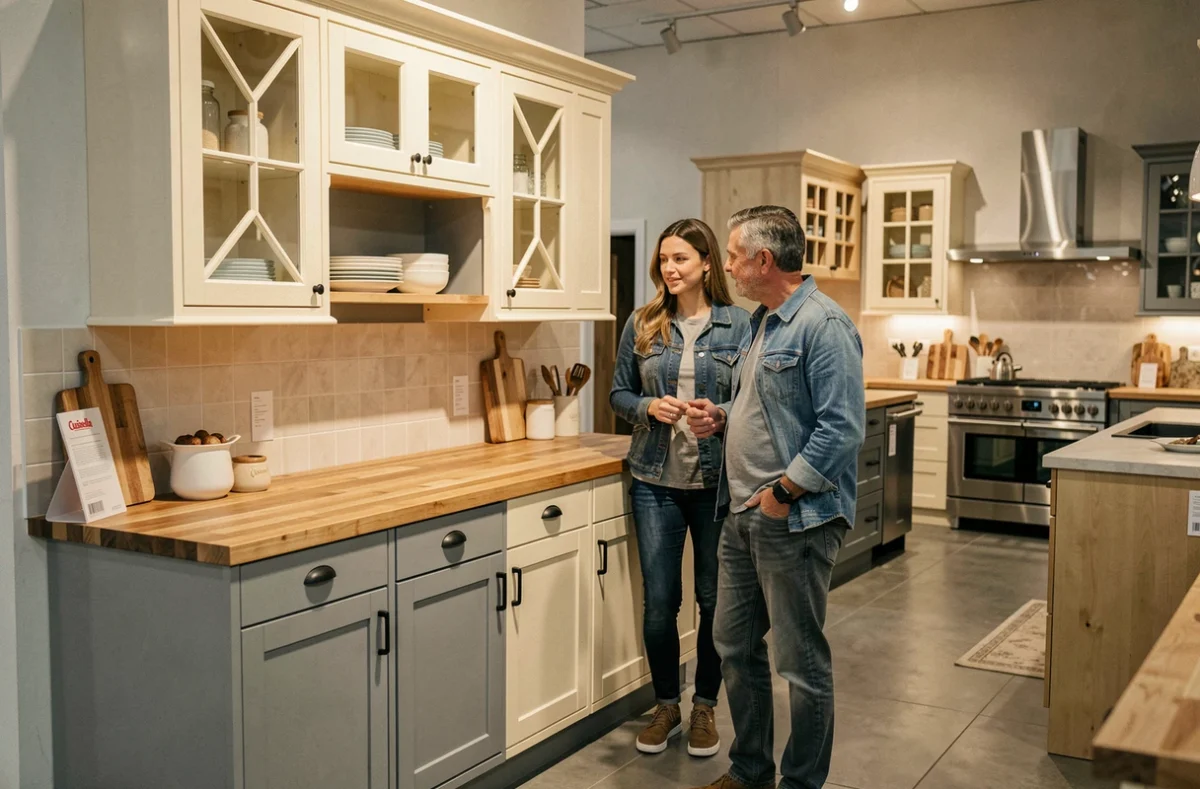 Cuisine Cuisinella biton gris et crème exposant une gamme intermédiaire avec choix de styles variés dans un showroom