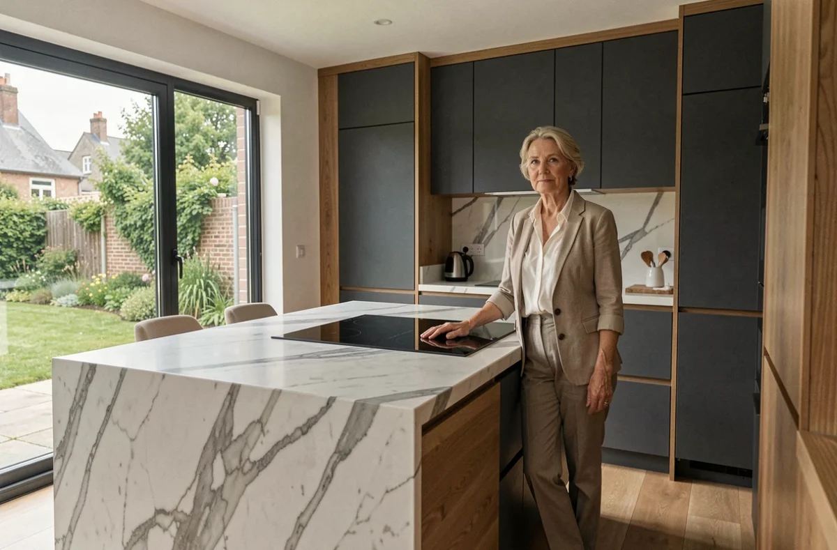 Cuisine Schmidt haut de gamme sur mesure avec îlot en marbre et façades graphite dans une maison du Nord