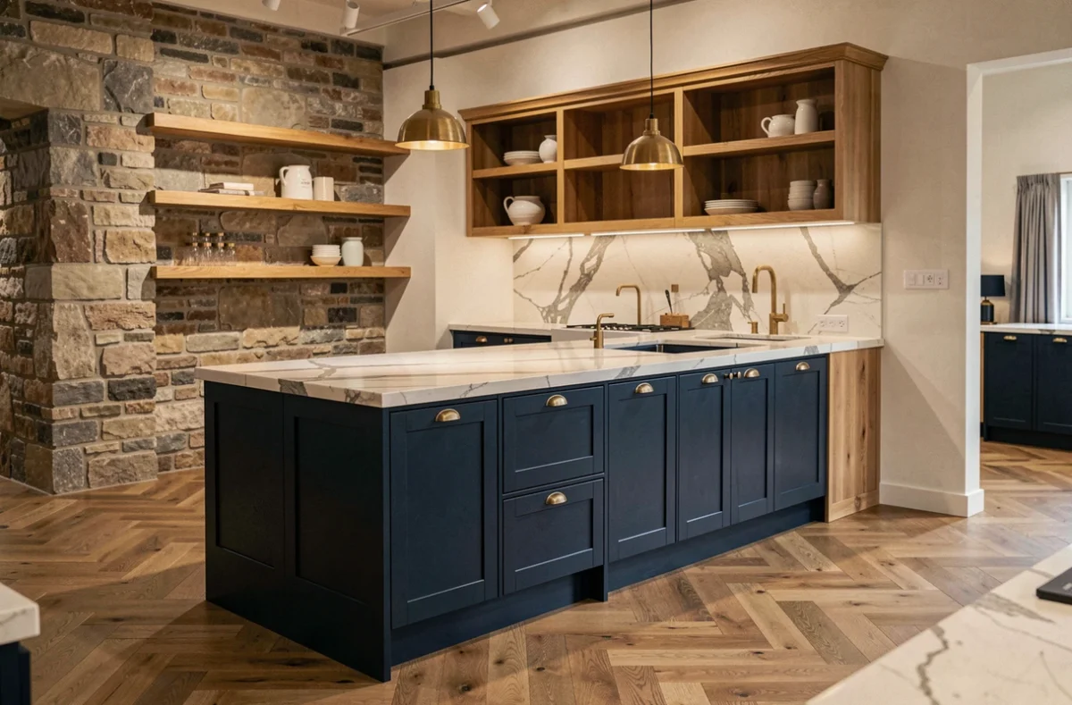 Cuisine sur mesure Vercauteren avec façades bleu marine et plan de travail effet marbre dans un showroom haut de gamme
