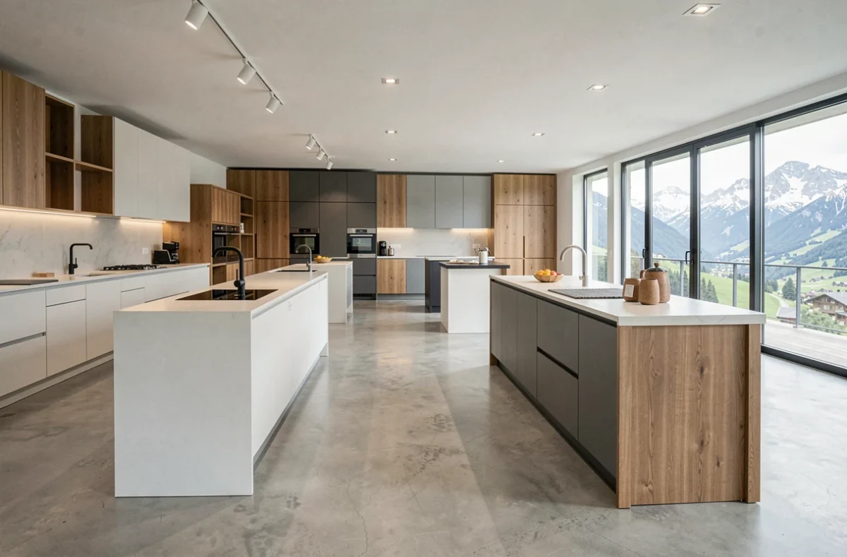 Showroom de cuisinistes en Haute-Savoie présentant plusieurs cuisines modernes exposées