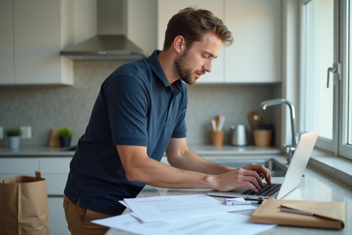 Homme effectuant ses démarches administratives de déménagement sur ordinateur portable dans une nouvelle cuisine