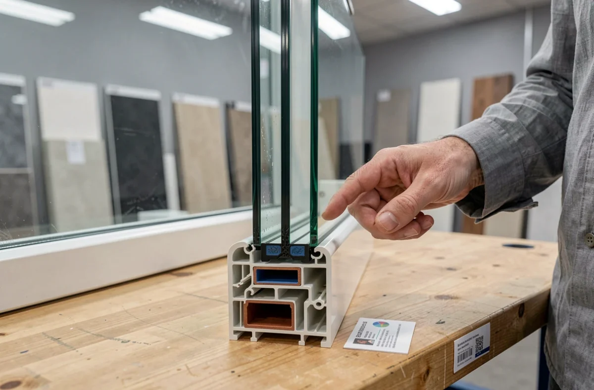 Détail en coupe d'un double vitrage avec cavité d'argon, présenté sur une table en bois par un professionnel