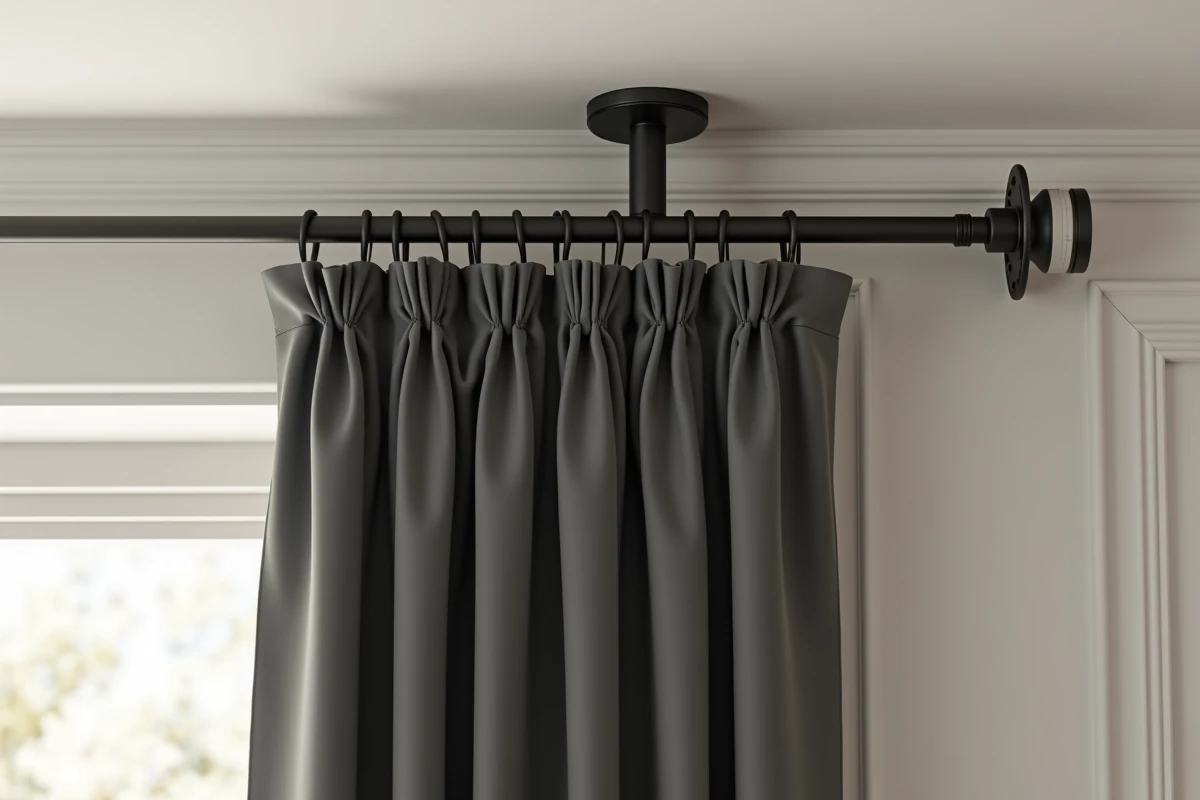 Détail de fixation plafond pour tringle rideau en métal mat noir avec rideau velours charbon