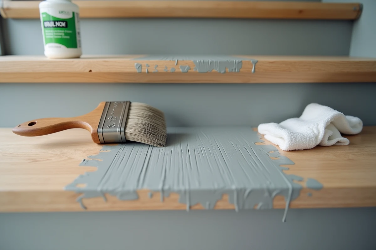 Gros plan sur des marches d'escalier en bois en cours de peinture sans ponçage, avec apprêt et ruban de masquage
