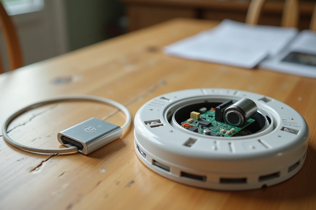 Intérieur démonté d'un détecteur de fumée sur une table en bois avec batterie 9V et circuit électronique visibles