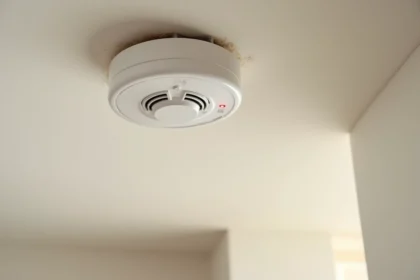 Détecteur de fumée blanc fixé au plafond avec voyant LED rouge clignotant dans un couloir de maison