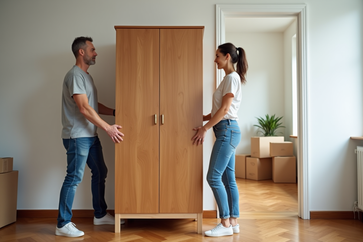 Couple manœuvrant une grande armoire dans un appartement