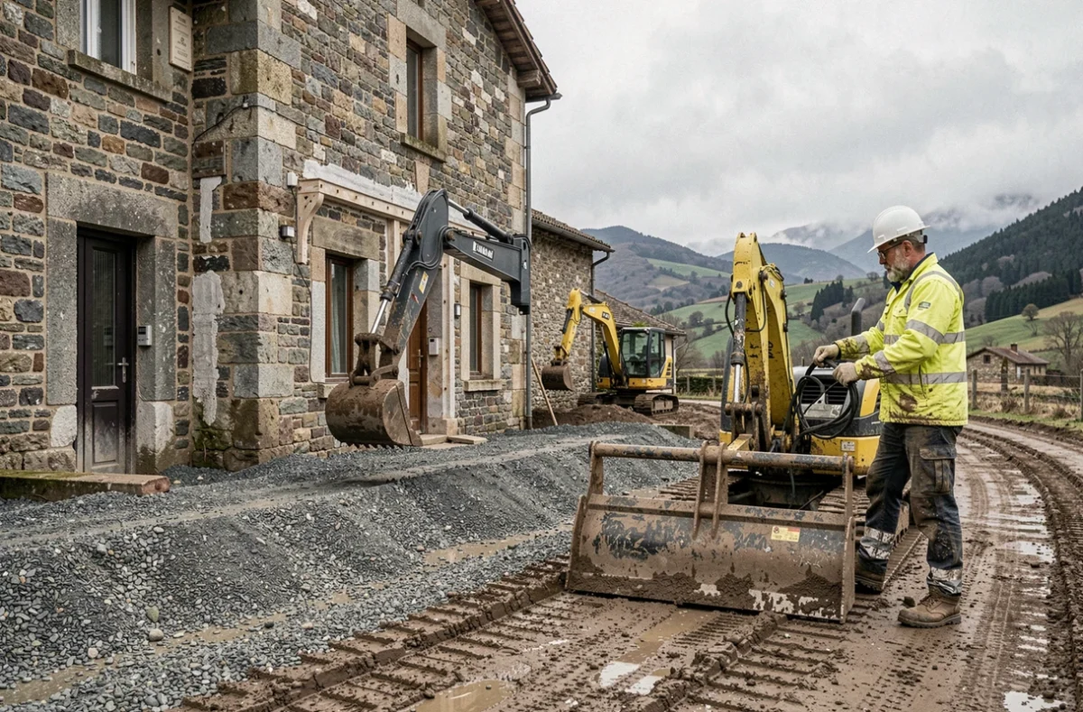 Ouvriers de Dias Freres T.P. réalisant des travaux publics et de rénovation du bâti dans un village des Pyrénées-Atlantiques avec engins de chantier