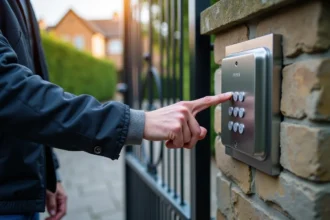 Homme appuyant sur un digicode métallique installé sur un pilier en pierre à l'entrée d'un portail résidentiel