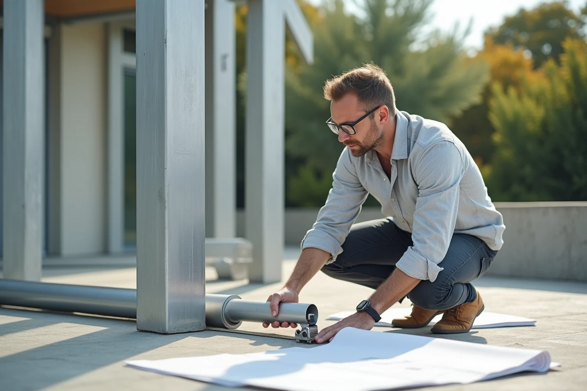 Architecte mesurant un tube rectangulaire en aluminium pour le dimensionnement d'une structure de terrasse