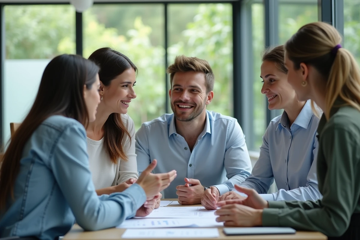 Groupe de trois employés en réunion dans un bureau lumineux