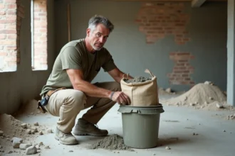 Ouvrier dosant un sac de ciment pour la préparation d'une chape de 5 cm sur chantier intérieur