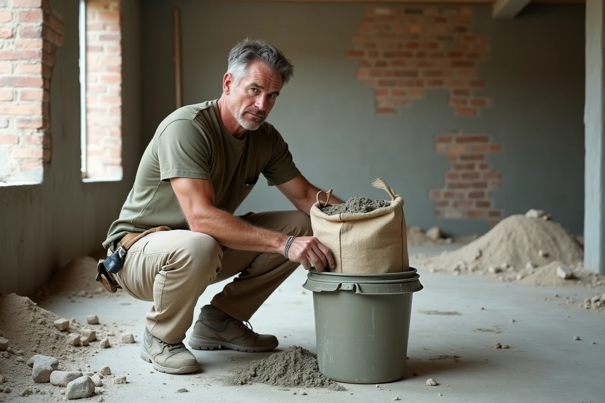 Ouvrier dosant un sac de ciment pour la préparation d'une chape de 5 cm sur chantier intérieur
