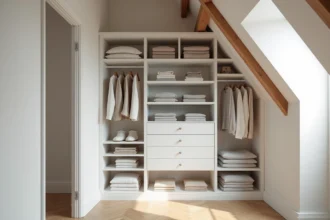 Dressing kit modulable intégré sous une pente de toit mansardée avec étagères blanches et rangements optimisés