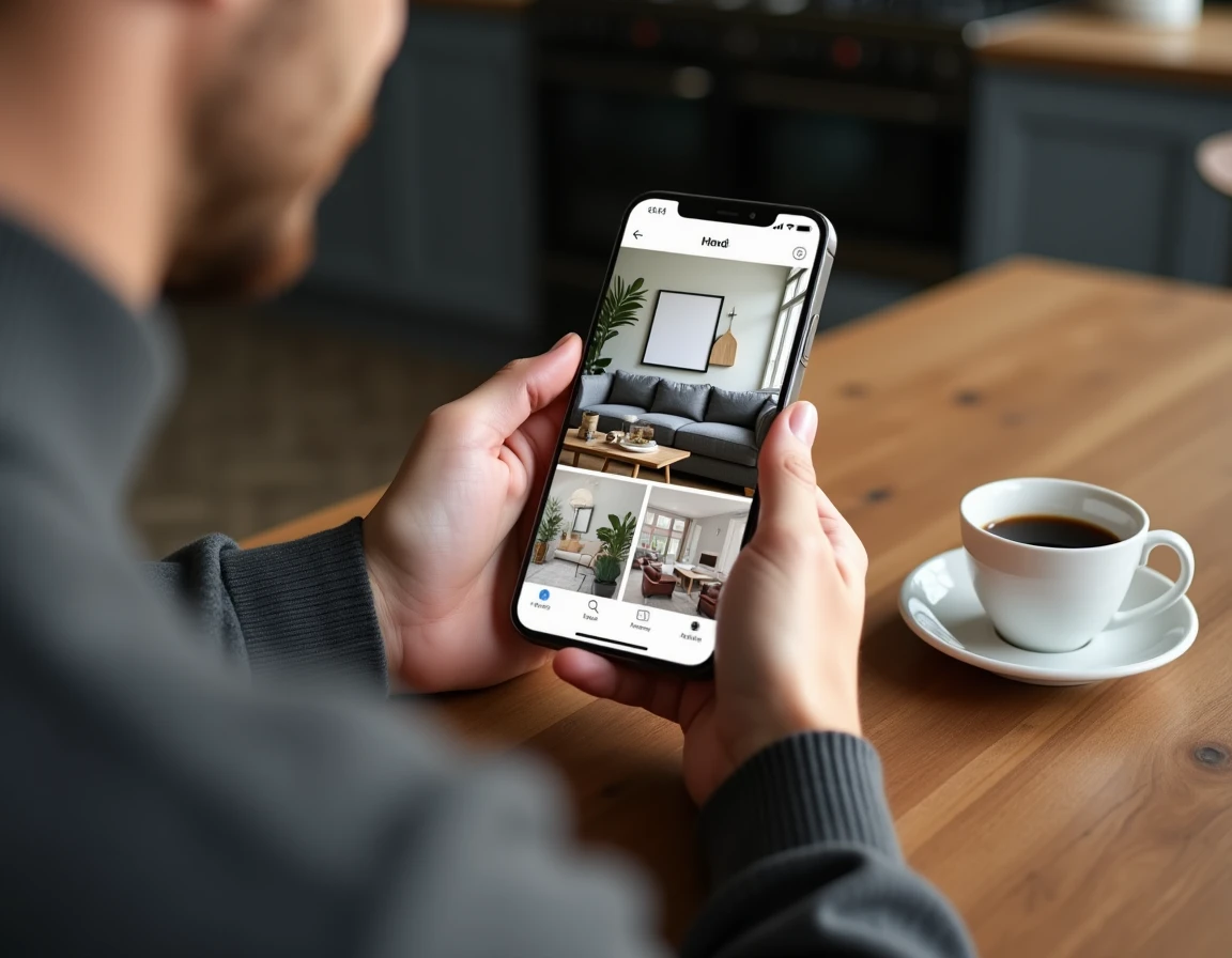 Écran de smartphone affichant une application de décoration raffinée avec sélection de mobilier luxueux et matériaux haut de gamme