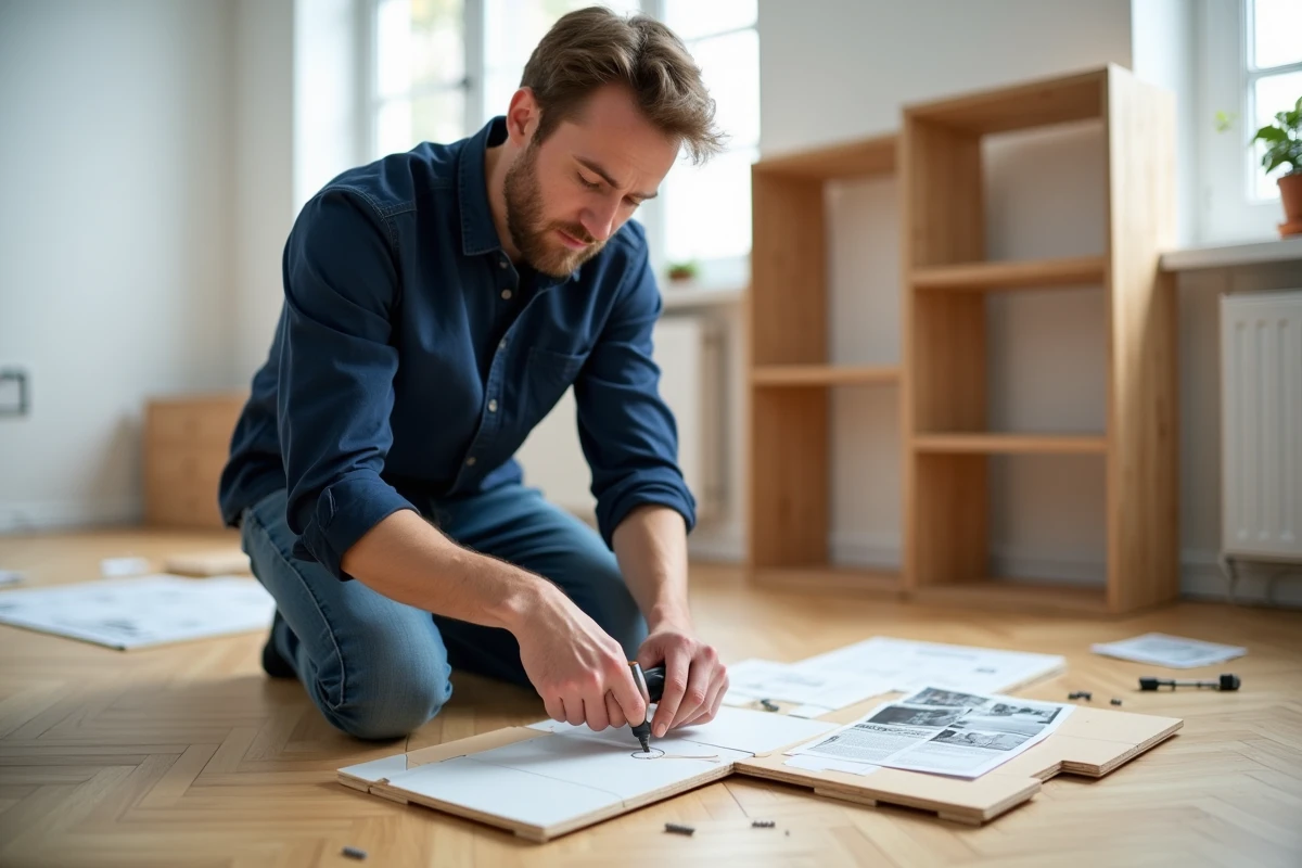 Jeune homme utilisant un élastique pour dévisser une vis foirée sur un meuble en kit dans un appartement moderne