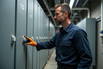 Électricien appuyant sur un bouton poussoir blanc sur un tableau électrique industriel gris