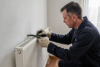 Électricien remplaçant un câble sur un radiateur électrique mural dans un appartement