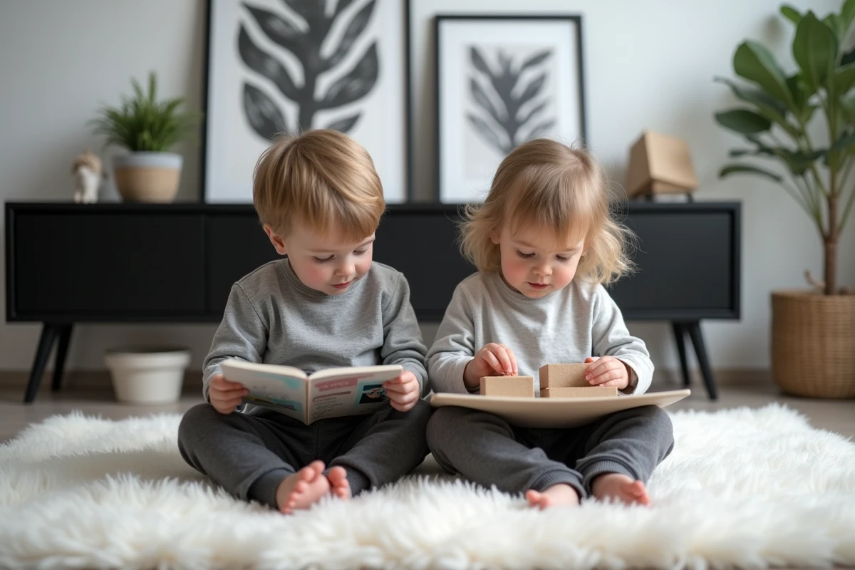 Deux enfants jouant sur un tapis blanc dans un salon décoré en noir et blanc avec console noire et œuvres d'art monochrome
