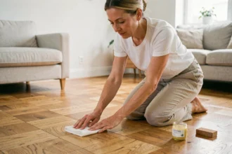 Femme appliquant une cire naturelle écologique sur un parquet en chêne huilé dans un salon scandinave