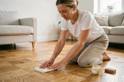 Femme appliquant une cire naturelle écologique sur un parquet en chêne huilé dans un salon scandinave