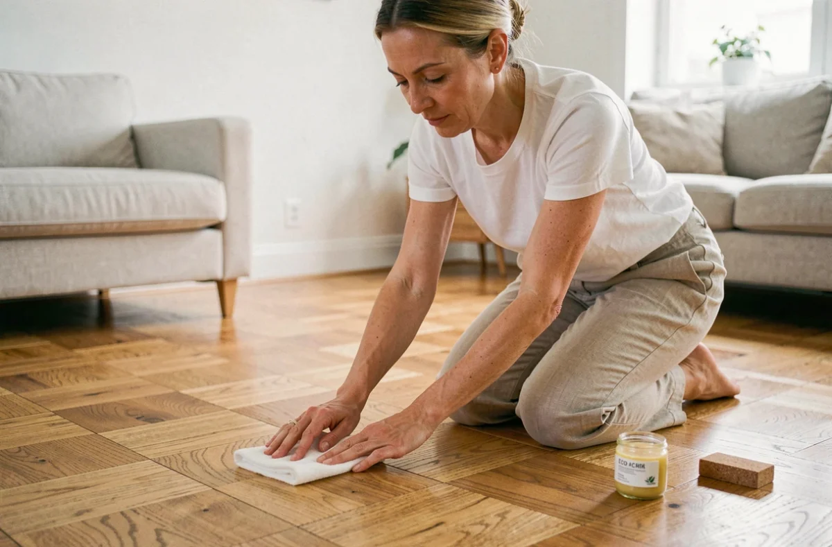 Femme appliquant une cire naturelle écologique sur un parquet en chêne huilé dans un salon scandinave