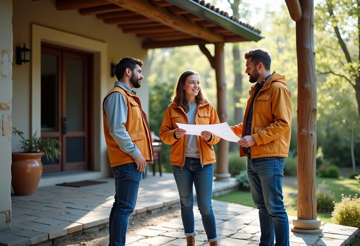 Equipe de trois personnes discutant sur une terrasse