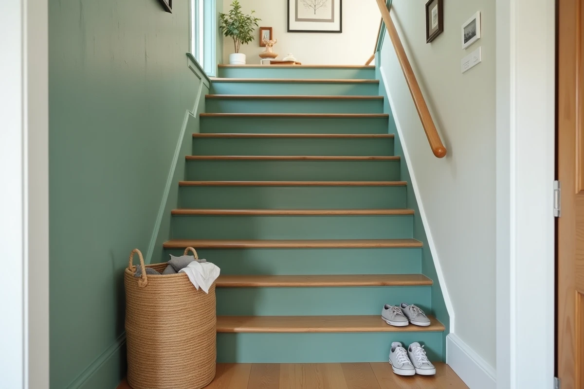 Escalier en bois entièrement rénové et peint en vert sauge sans ponçage dans une maison familiale habitée