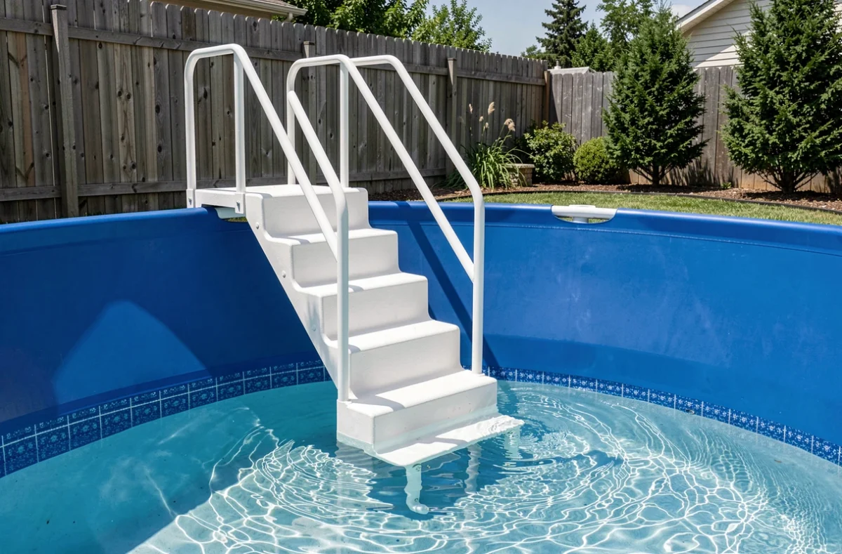 Escalier de piscine blanc posé contre la paroi d'un bassin à liner bleu