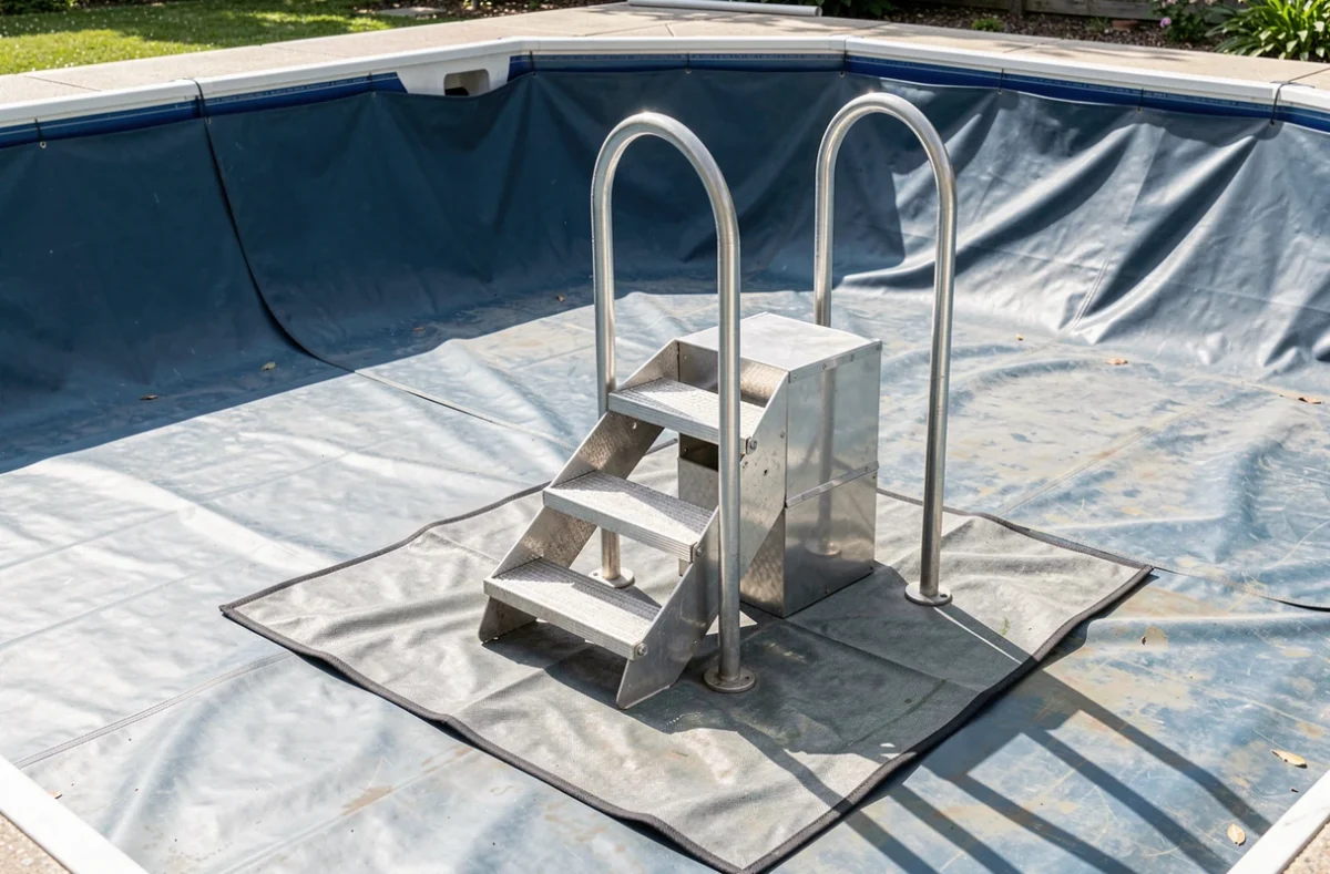 Escalier de piscine posé sur un tapis de protection avant la mise en eau