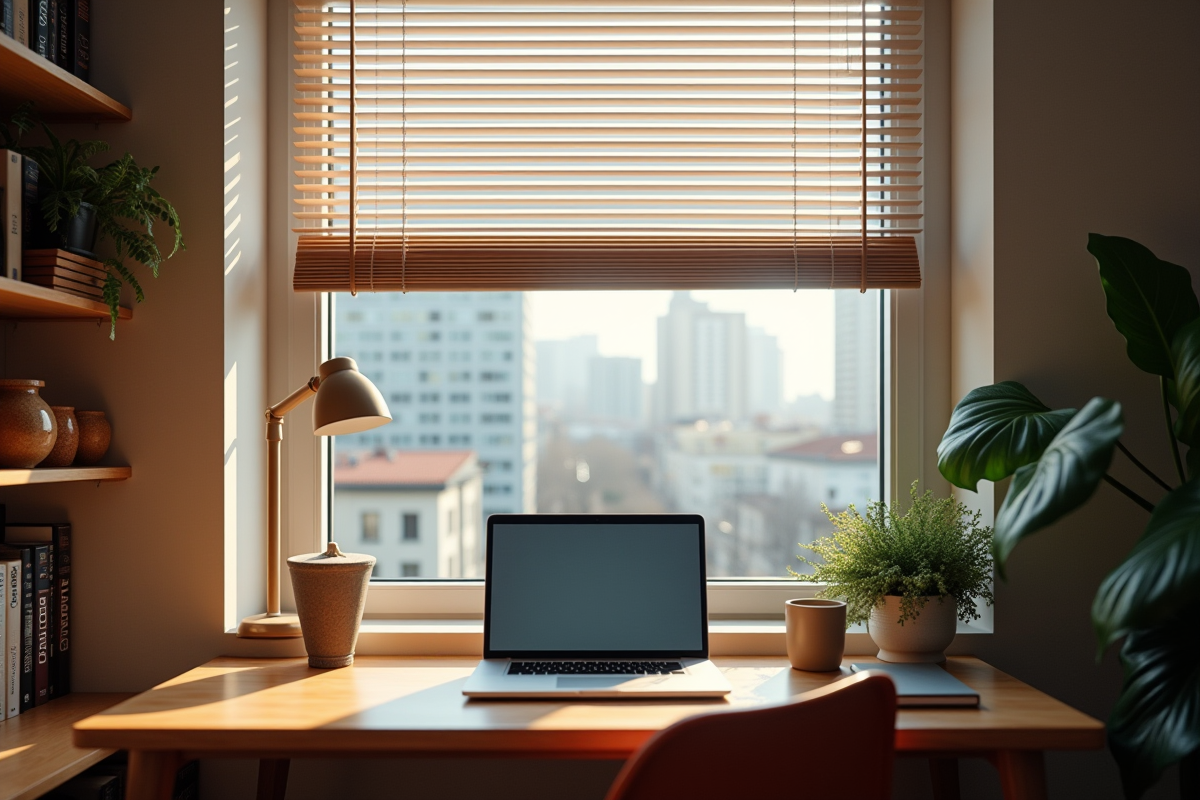 Espace de travail cosy avec volets aluminium sans perçage