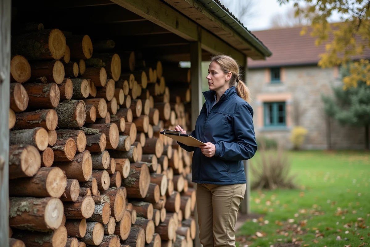 Experte évaluant un tas de bois de chauffage contaminé par la mérule à l'extérieur d'une ferme
