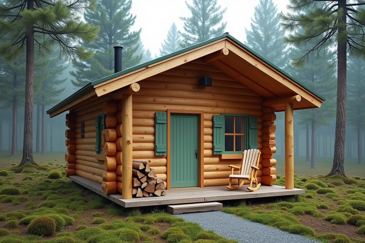 Extérieur d'un petit chalet en bois de 20m2 avec terrasse couverte et cadre naturel forestier