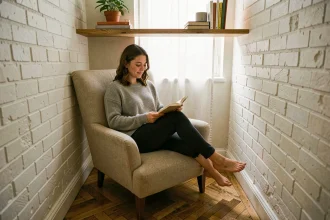 Femme lisant dans un fauteuil compact installé dans une alcôve d'un petit appartement parisien avec étagère flottante et parquet en chêne