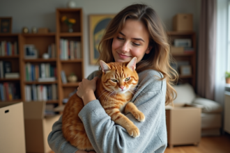 Jeune femme avec chat en transition dans un appartement