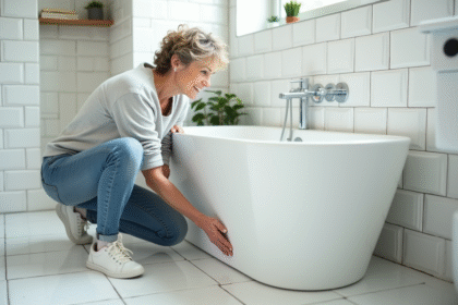 Femme posant des joints en silicone dans une salle de bain moderne
