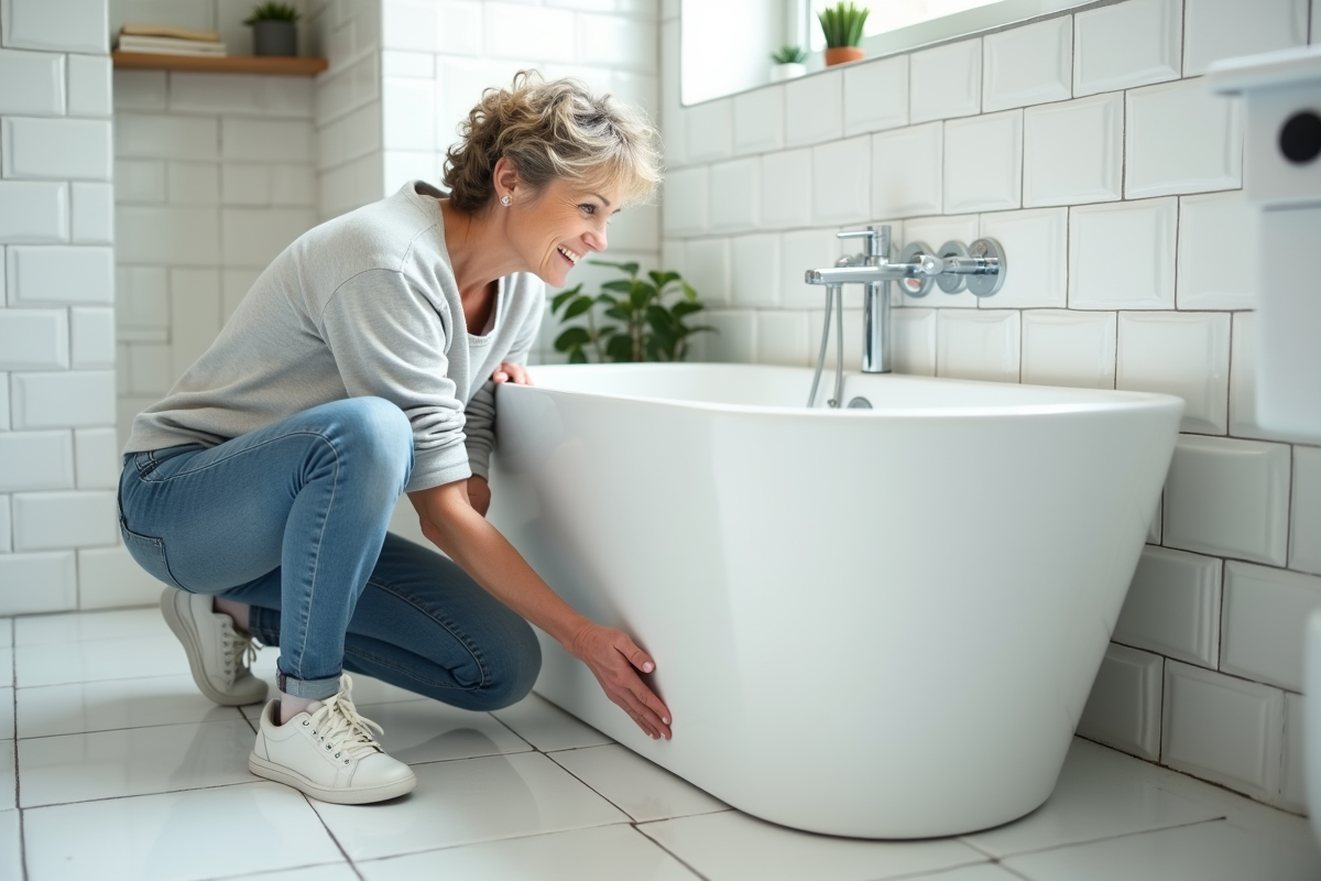 Femme posant des joints en silicone dans une salle de bain moderne
