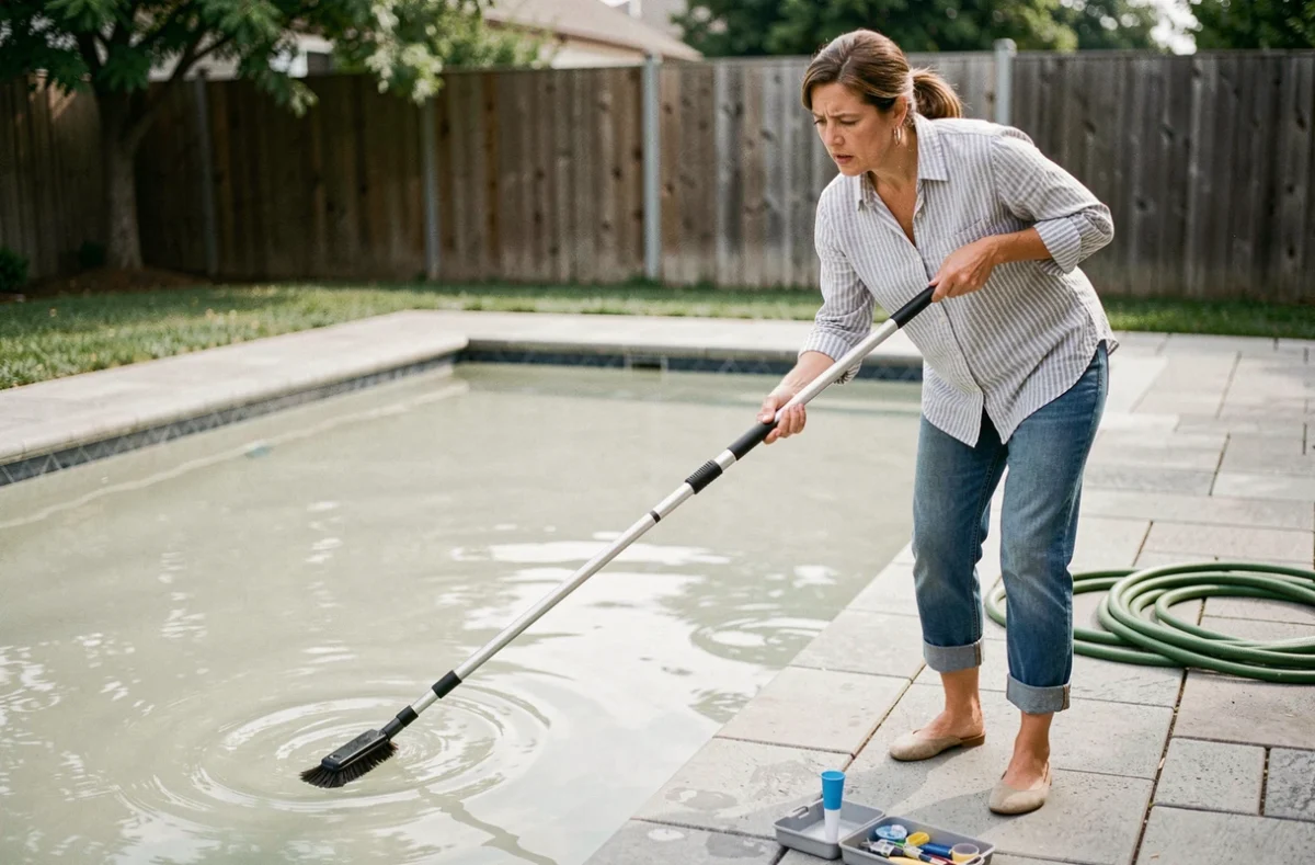 Femme balayant l'eau trouble d'une piscine avec une brosse télescopique après un surdosage de clarifiant