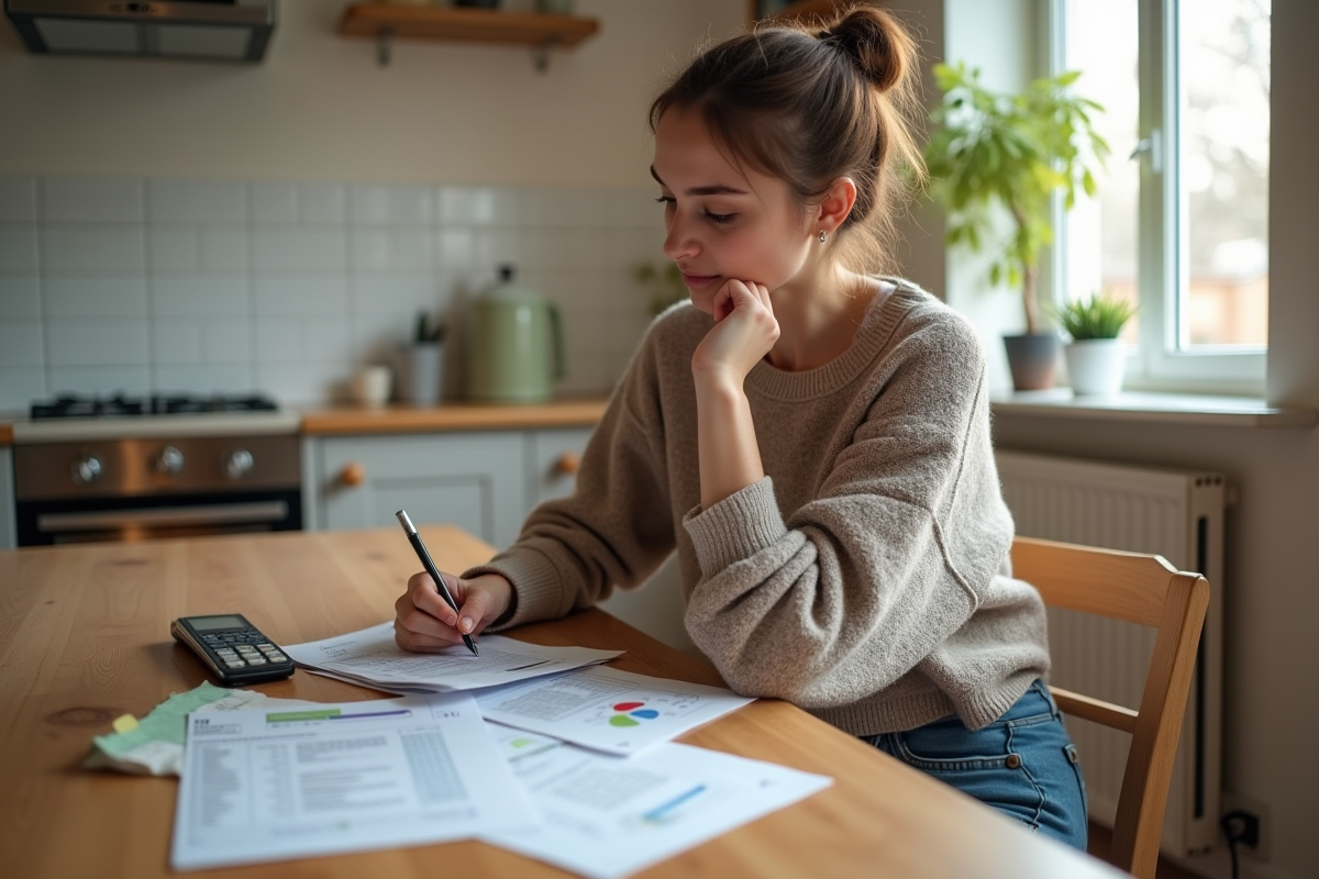 Femme calculant la consommation de fioul à la maison