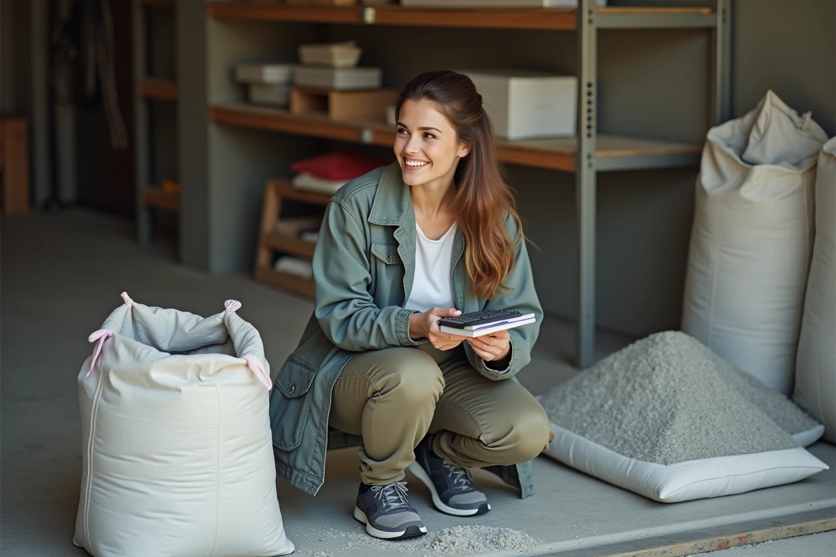 Jeune femme avec calculatrice dans un garage de construction