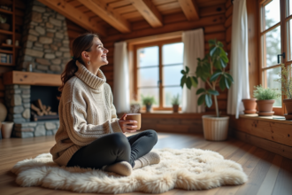 Femme assise dans un chalet avec une tasse chaude