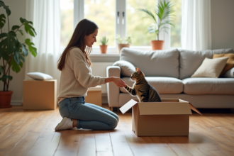 Jeune femme avec chat dans une pièce lumineuse