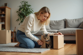 Femme kneeling avec un chat dans un appartement en transition